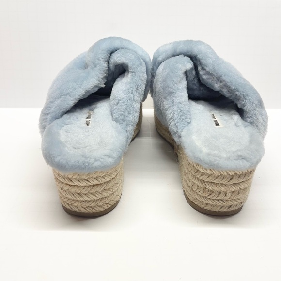 Miu Miu Light Blue Shearling Cross Strap Espadrille Platform Slides - Picture 5 of 10